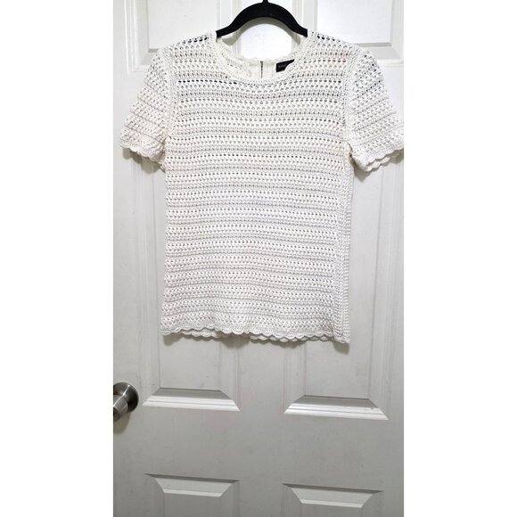 Banana Republic White Crochet Short Sleeve Top Scalloped Edges Back Zipper Women - Picture 2 of 6